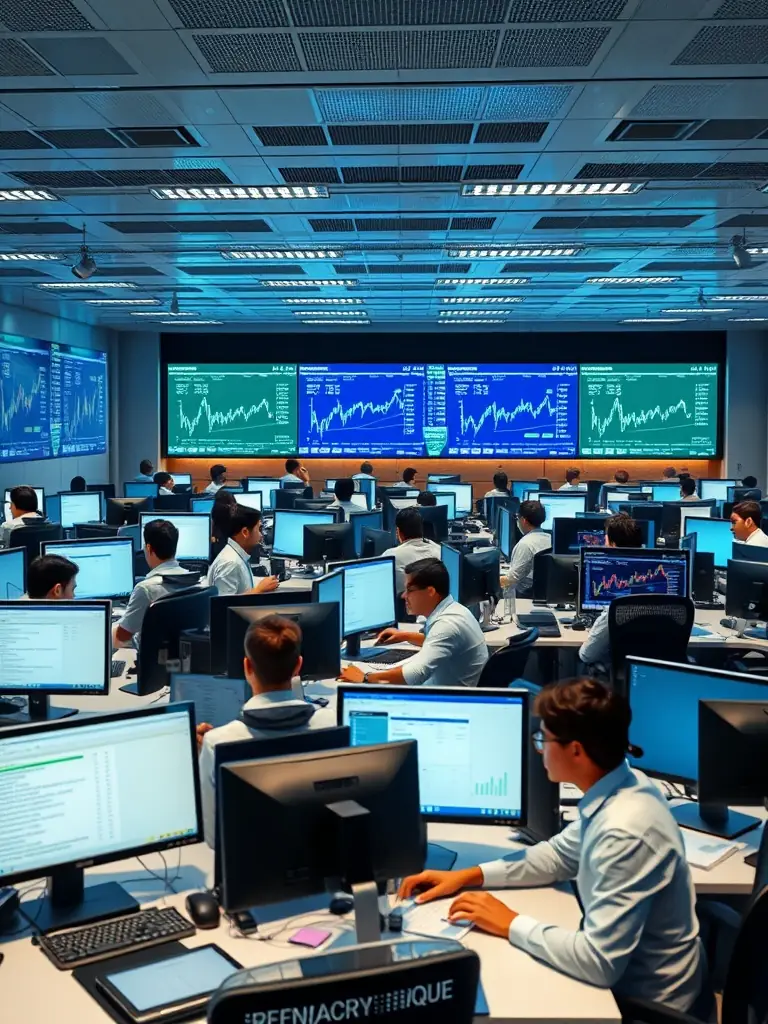A modern office environment with people working on computers, representing the innovative approach of Contact-Sales.online in financial solutions.